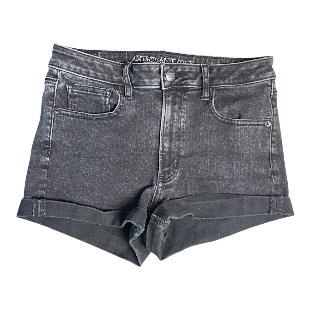 American Eagle Super‎ Hi-Rise Shortie Black Denim Shorts Super Stretch Size 8